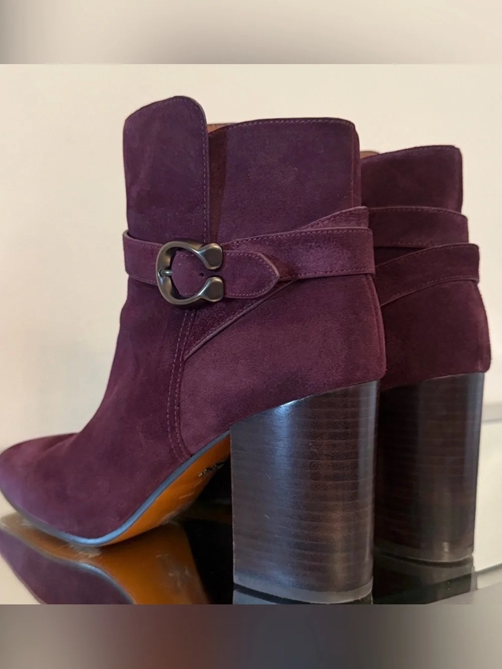 COACH Delaney Burgundy Suede Signature Buckle Ankle Booties Block Heel Size 9